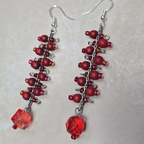 Sliver925 Hook Red Beaded Drop Earrings - Picture 12 of 15